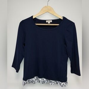 Smart Set Women's navy Blue 3/4 Sleeve Top floral ruffle trim size M